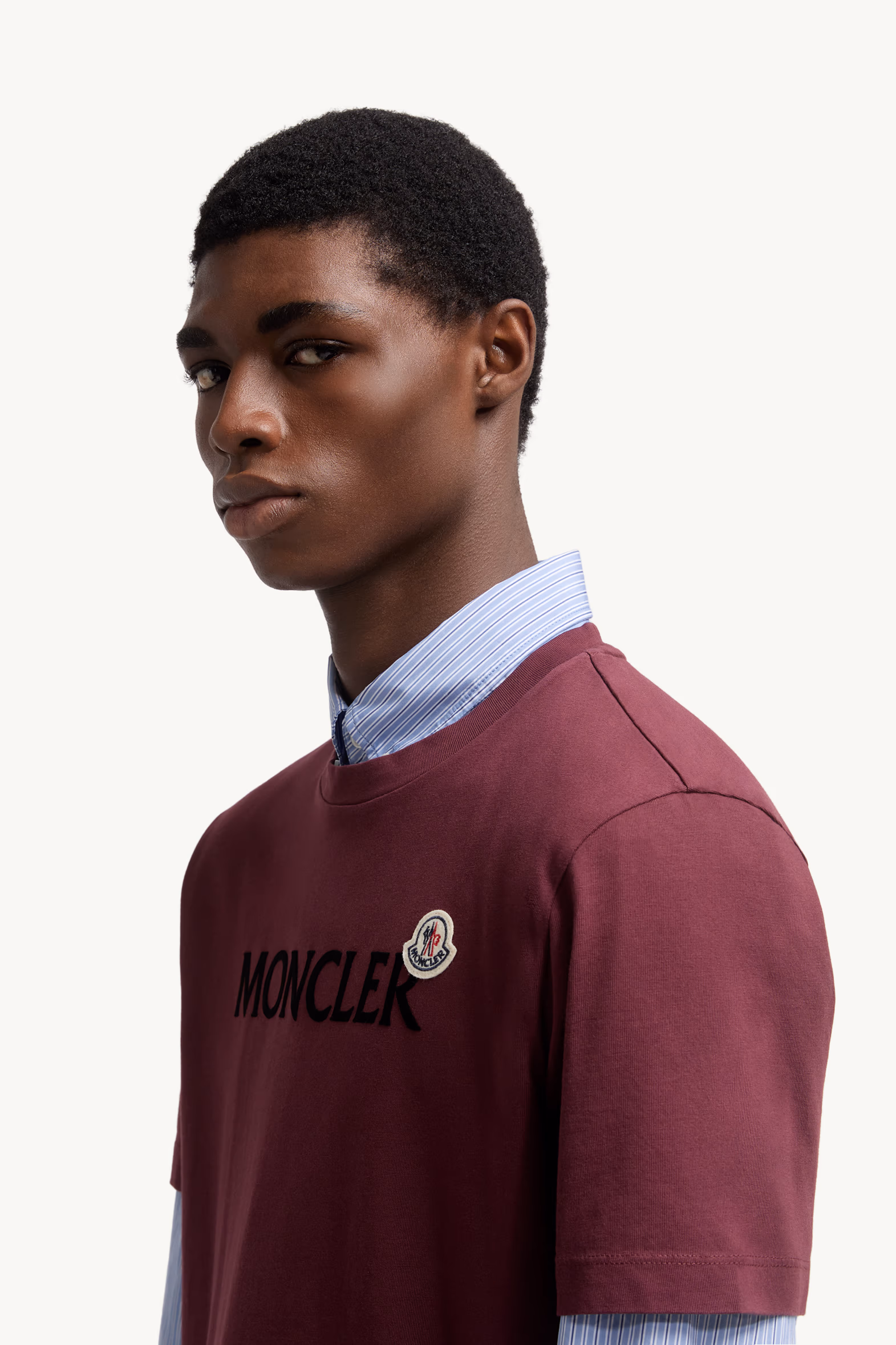 Flocked Logo Cotton T-Shirt Men Burgundy Moncler 4